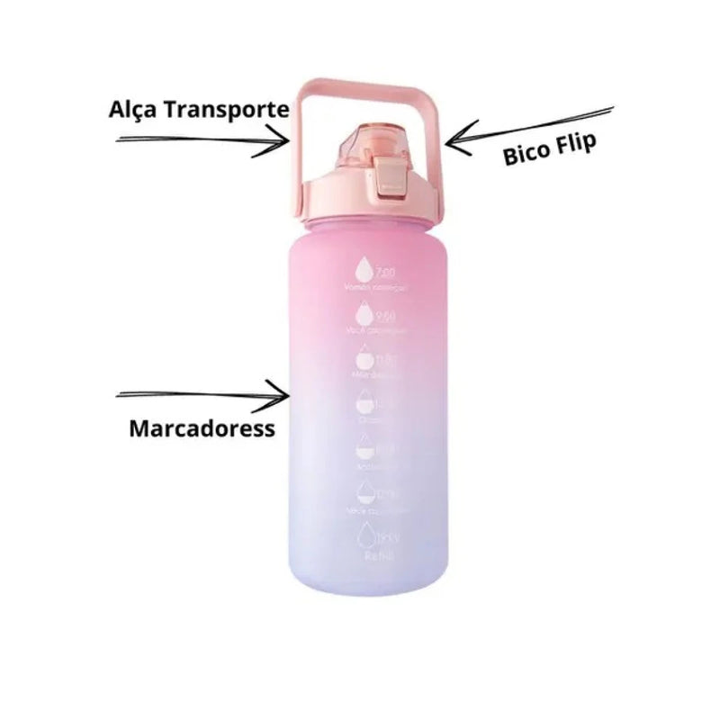 Kit 3 Garrafas De Água Squeeze Para Academia, Passeios e Para o Dia Dia 2000ml + 900ml + 300ml